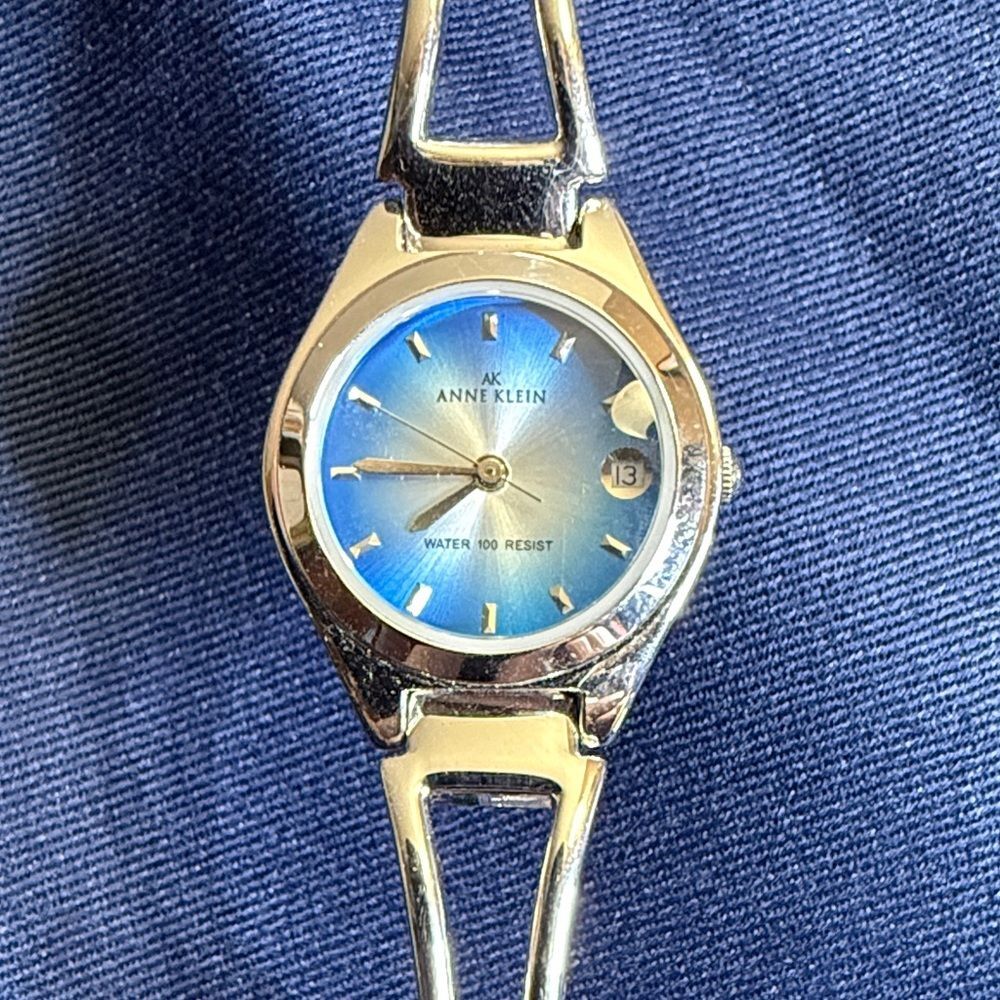 Anne Klein Silver Tone Bangle Watch with Blue Dial